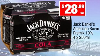 Liquor Stax Jack Daniel's American Serve Premix 10% 4 x 250ml offer