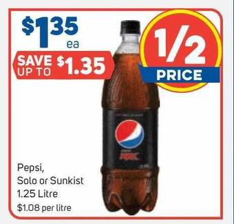 Foodland Pepsi, solo or sunkist 1.25 litre offer