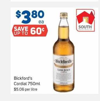 Foodland Bickford's cordial 750ml offer