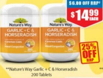 Chemist Warehouse Nature;s Way Garlic + C & Horseradish 200 Tablets offer