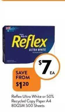 Foodworks Reflex ultra white or 50% recycled copy paper a4 80gsm 500 sheets offer