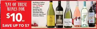 Ritchies Wolf blass yellow label, 19 crimes, yarra burn sparkling nv, upside down, tatachilla white admiral, jam shed offer