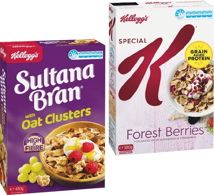 Kellogg’s sultana bran oat clusters 480g or special k forest berries