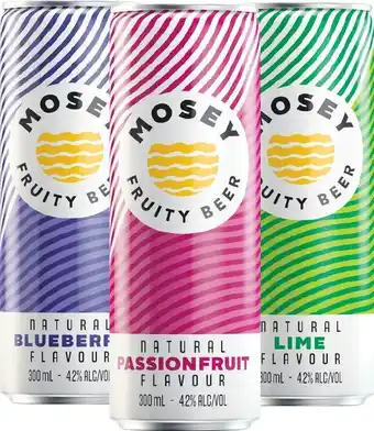 Mosey fruity beer passionfruit, blueberry or lime cans 4x300ml