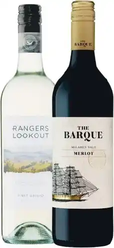 Woolworths Rangers lookout pinot grigio or the barque merlot 750ml offer