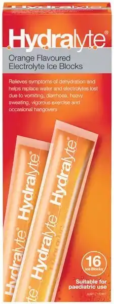 Woolworths Hydralyte electrolyte ice block orange pk 16¥ offer