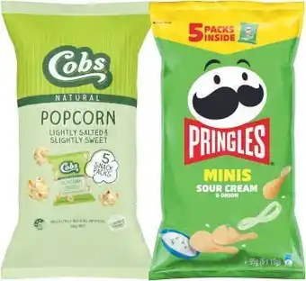 Coles Pringles minis multi pack 95g or cobs popcorn 65g offer