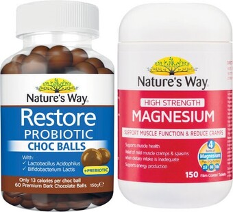 Coles Nature's way high strength magnesium 150 pack or restore probiotic choc balls 60 pack^ offer