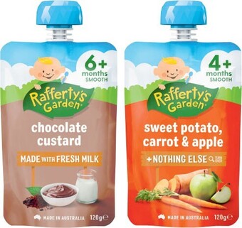 Coles Rafferty's garden 4+ months, 6+ months or 8+ months baby food pouch 120g offer