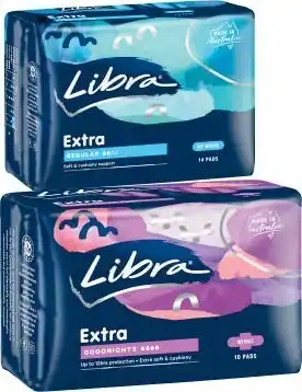 Coles Libra ultra thin regular pads with wings 14 pack or extra goodnights pads with wings 10 pack offer