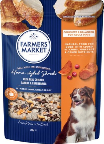 Coles Farmers market home styled shreds dog food 250g offer