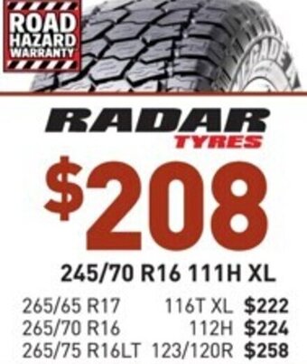 Radar Tyres 245/70 R16 111H XL