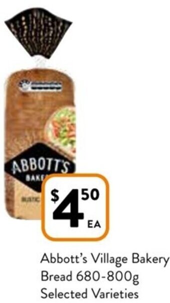 Foodworks Abbott's Village Bakery Bread 680-800g offer