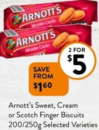 Foodworks Arnott's Sweet, Cream or Scotch Finger Biscuits 200/250g offer