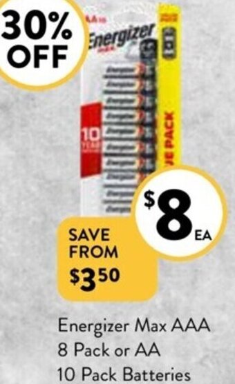 Foodworks Energizer Max AAA 8 Pack or AA 10 Pack Batteries offer