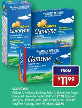 Alliance Pharmacy Claratyne Children's Hayfever & Allergy Relief Antihistamine Grape Flavoured Chewable Tablets 10 Pack offer