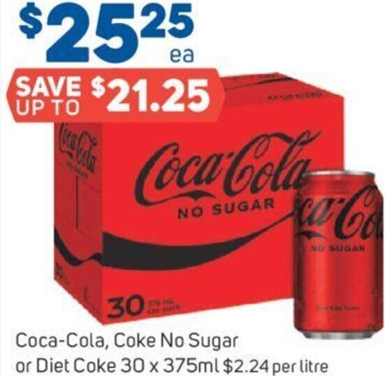 CocaCola, Coke No Sugar or Diet Coke 30 x 375ml offer at Foodland