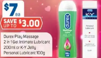 Foodland Durex Play Massage 2 in 1 Gel Intimate Lubricant 200ml or K-Y Jelly Personal Lubricant 100g offer