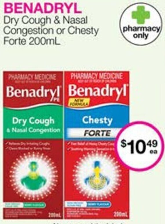 Benadryl Dry Cough & Nasal Congestion Or Chesty Forte 200ml offer at