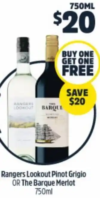 Rangers Lookout Pinot Grigio Or The Barque Merlot 750ml