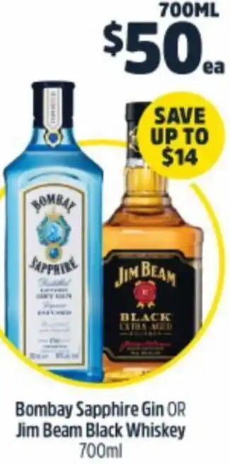 BWS Bombay Sapphire Gin Or Jim Beam Black Whiskey 700ml offer
