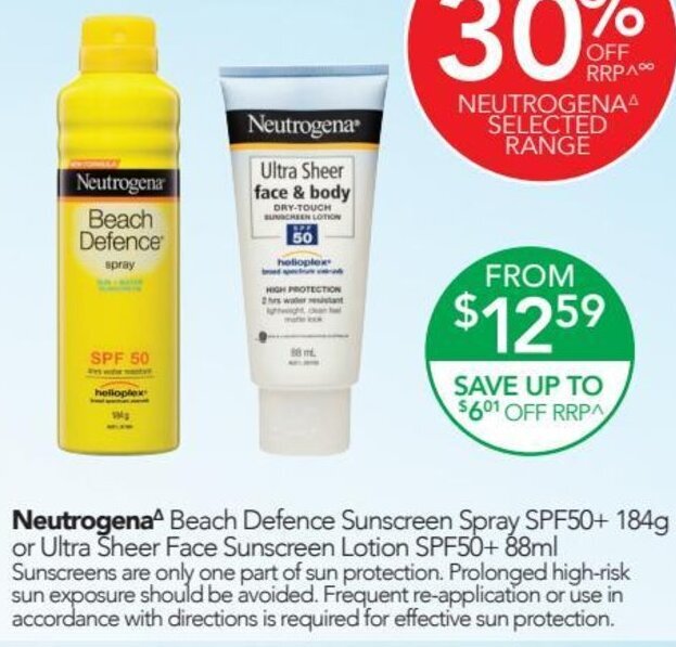 Neutrogena Beach Defence Sunscreen Spray Spf50 184g Or Ultra Sheer Face Suncreen Lotion Spf50