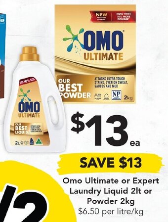 Drakes Omo Ultimate Or Expert Laundry Liquid 2lt Or Powder 2kg offer