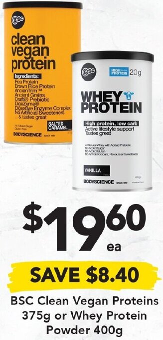 Drakes BSC Clean Vegan Proteins 375g Or Whey Protein Powder 400g offer