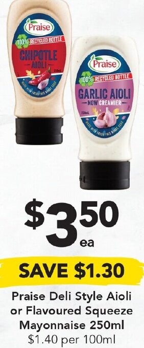 Drakes Praise Deli Style Aioli Or Flavoured Squeeze Mayonnaise 250ml offer