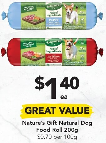 Drakes Nature's Gift Natural Dog Food Roll 200g offer