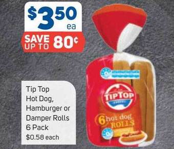 Foodland Tip top hot dog, hamburger or damper rolls 6 pack offer