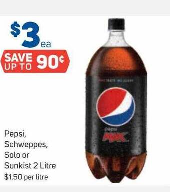 Foodland Pepsi schweppes, solo or sunkist 2 litre offer