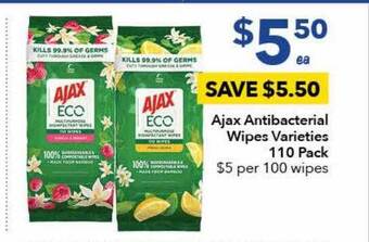 Ritchies Ajax antibacterial wipes varieties 110 pack offer