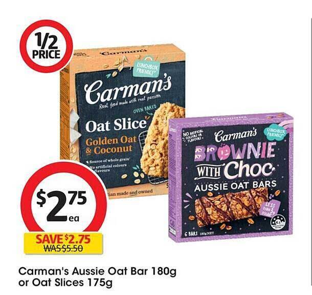 Carman's aussie oat bar or oat slices offer at Coles