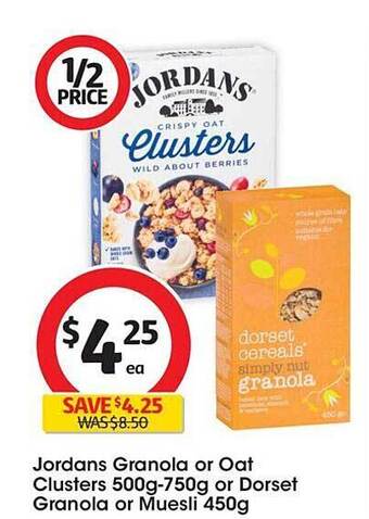 Coles Jordans granola or oat clusters or dorset granola or muesli offer