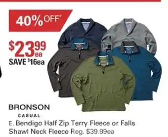 Bronson Casual Bendigo Half Zip Terry Fleece or Falls Shawl Neck Fleece