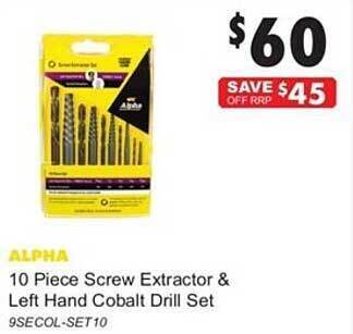 United Tools Alpha 10 piece screw extractor & left hand cobalt drill set offer