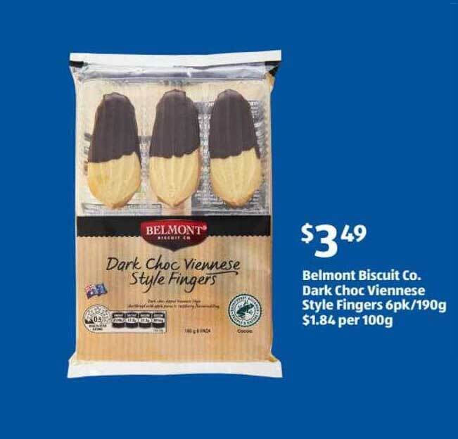 Belmont biscuit co. darc choc viennese style fingers offer at ALDI