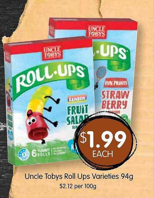 Uncle tobys roll ups varieties offer at Spudshed