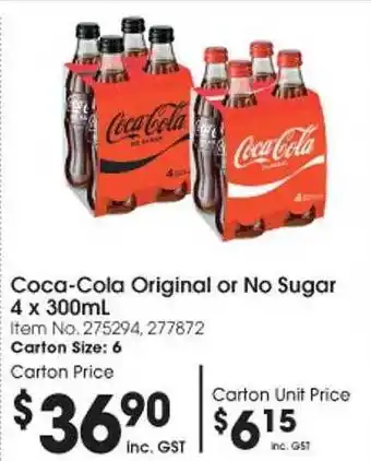 Campbells Wholesale Coca-cola original or no sugar 4 x 300ml offer