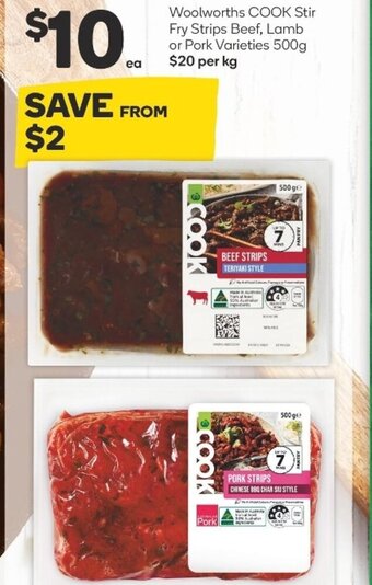 Woolworths Woolworths Cook Stir Fry Strips Beef, Lamb or Pork Varieties 500g offer