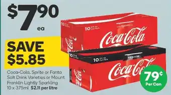 Woolworths Coca-Cola, Sprite or Fanta Soft Drink Varieties or Mount Franklin Lightly Sparkling 10x375ml offer