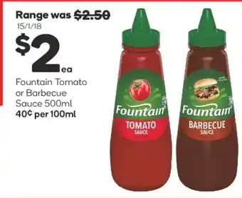 Woolworths Fountain Tomato or Barbacue Sauce 500ml offer