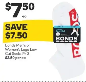 Woolworths Bonds Men's or Women's Log Low Cut Socks Pk 3 offer