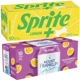 Coles Coca-cola, fanta or sprite soft drink or mount franklin lightly sparkling cans 10x375ml offer