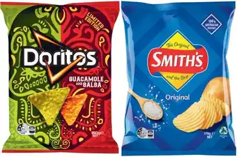 Coles Doritos corn chips or smith's crinkle cut potato chips 150g-170g offer