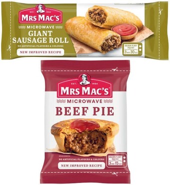 Coles Mrs mac's microwave frozen beef pie or sausage roll 175g offer
