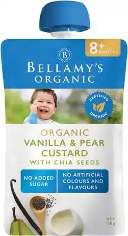 Coles Bellamy’s organic vanilla & pear custard pouch 8m+ 120g offer