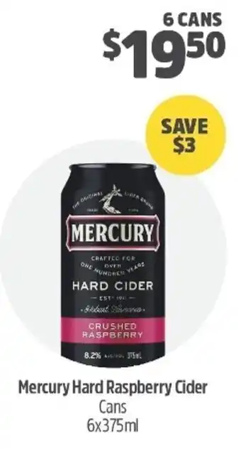 Woolworths Mercury Hard Raspberry Cider Cans 6x375ml offer