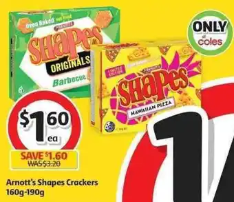 Coles Arnott's Shapes Crackers 160-190g offer